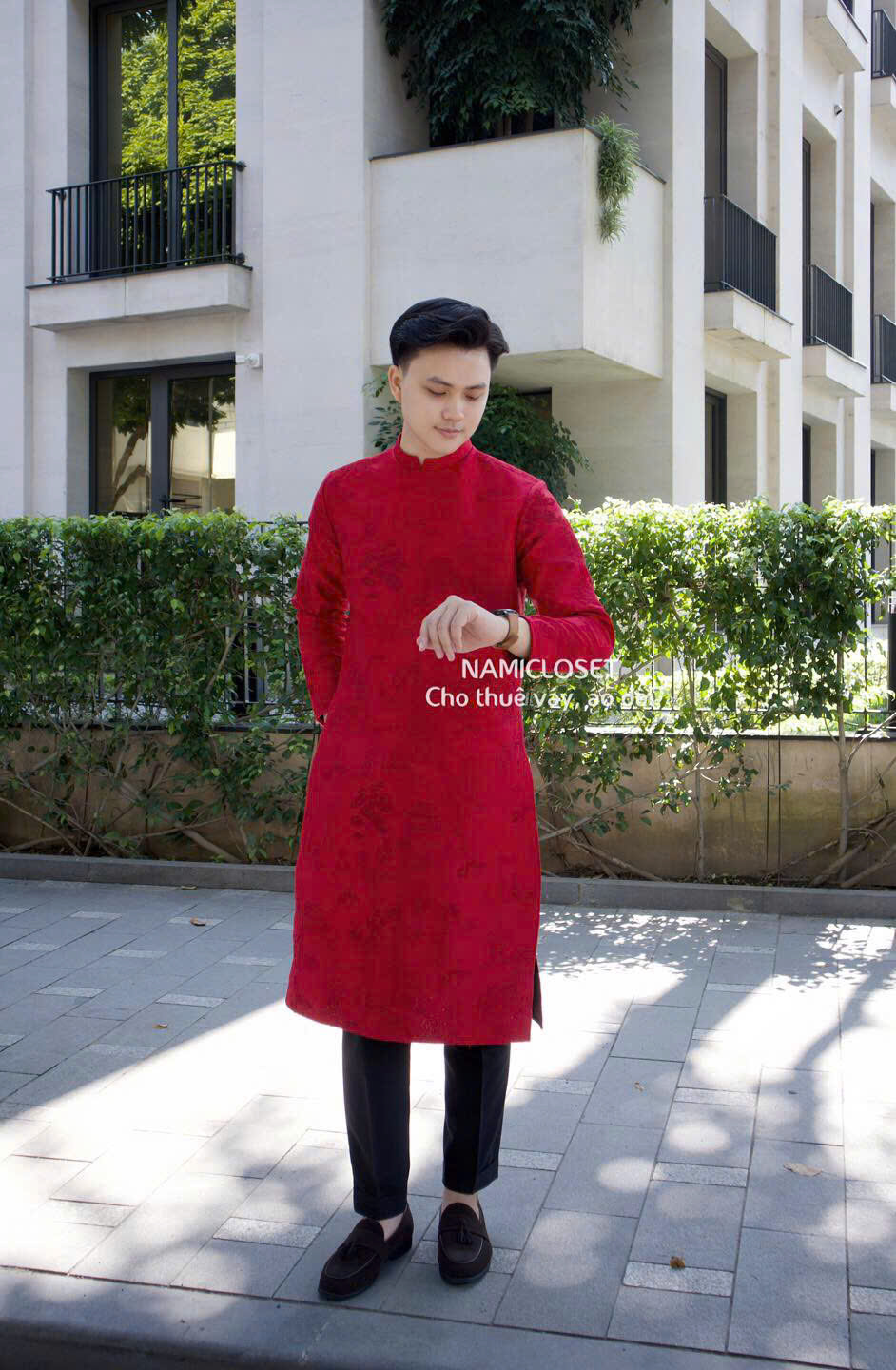 ÁO DÀI NAM ĐỎ NGUYÊN ĐÁN-MAISON LONG